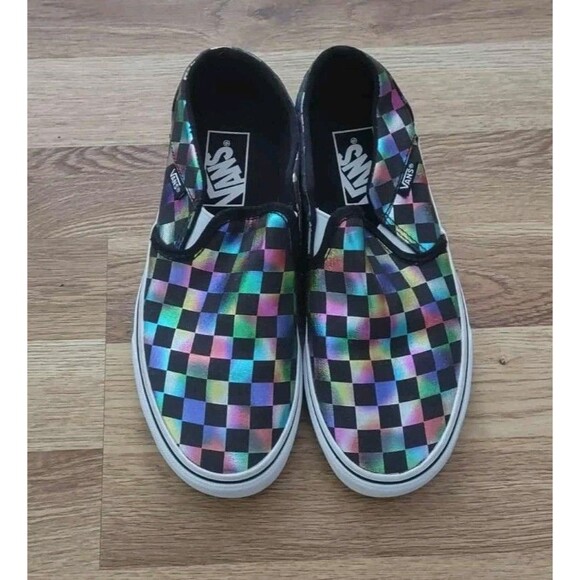 Vans | NWOT Women's Rainbow Irresdesant Checkered Slip On Shoes Size 6.5 - Picture 1 of 12
